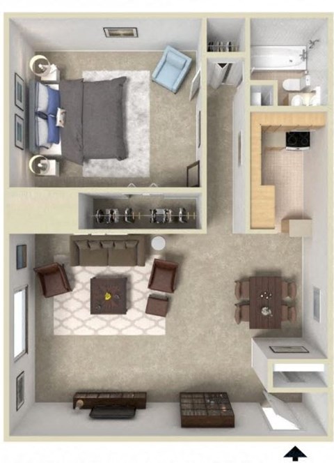 Floor plan for 1 bed, 1 bath, 785 sqft